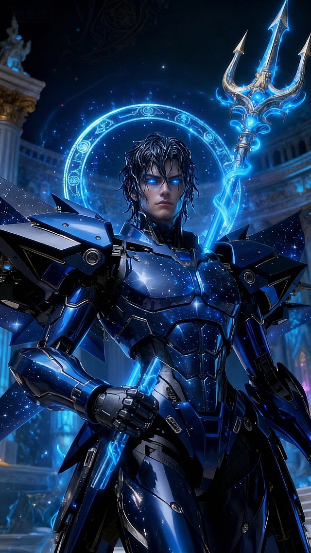 将身后的金色法相变成蓝色，机甲身体去掉胸部特征，变的强壮一点，海神叉子拿在手里。头盔变成湿润头发，其他保持不变。