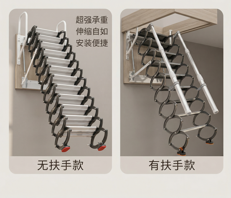 基于原图保持两款伸缩楼梯主体物理结构不变，保持无扶手款和有扶手款的区分，更换为现代极简风格的室内家居场景背景，整体采用低饱和度中性暖灰色调，商业高调摄影，柔和漫射光从侧方射入，保留清晰的高光来突出金属预览效果