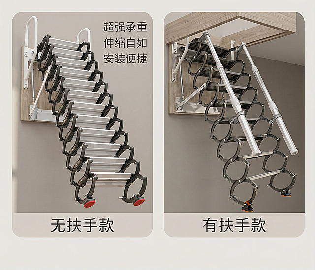基于原图保持两款伸缩楼梯主体物理结构不变，保持无扶手款和有扶手款的区分，更换为现代极简风格的室内家居场景背景，整体采用低饱和度中性暖灰色调，商业高调摄影，柔和漫射光从侧方射入，保留清晰的高光来突出金属质感，添加三分构图法，画面保留30%留白，整体明亮干净通透，添加卖点文字“超强承重 伸缩自如 安装便捷”，负向提示词：塑料感、比例失调、变形、文字错误、Logo变形、西方面孔、杂乱房间、死黑阴影、硬光