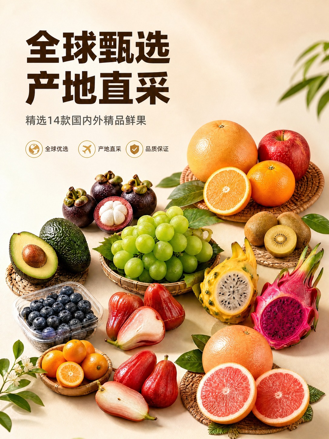 去除图中所有的水果名称标签和产地标签文字，包括所有白色圆角标签… - 图片创意预览
