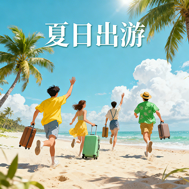 夏日出游主题海报，阳光沙滩椰树，年轻人们提着行李开心游玩，蓝天白云，清新明亮的夏日色彩，画面顶部配有文案"夏日出游"，整体风格清新治愈，充满度假氛围感