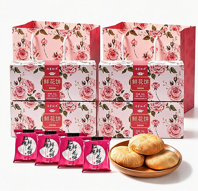 基于参考图中的鲜花饼产品，生成2提（共4盒礼盒+2个手提礼袋）的SKU展示图。一提为2盒礼盒+1个手提袋，2提即两套完整的礼盒手提袋组合。保持产品包装、玫瑰花纹、品牌文字、鲜花饼实物完全一致，画面展示完整的两份礼盒手提袋套装，旁边摆放独立小包装和木盘里的鲜花饼，纯白色背景，干净明亮的商品展示风格，突出2提礼盒装的体量感，构图饱满美观
