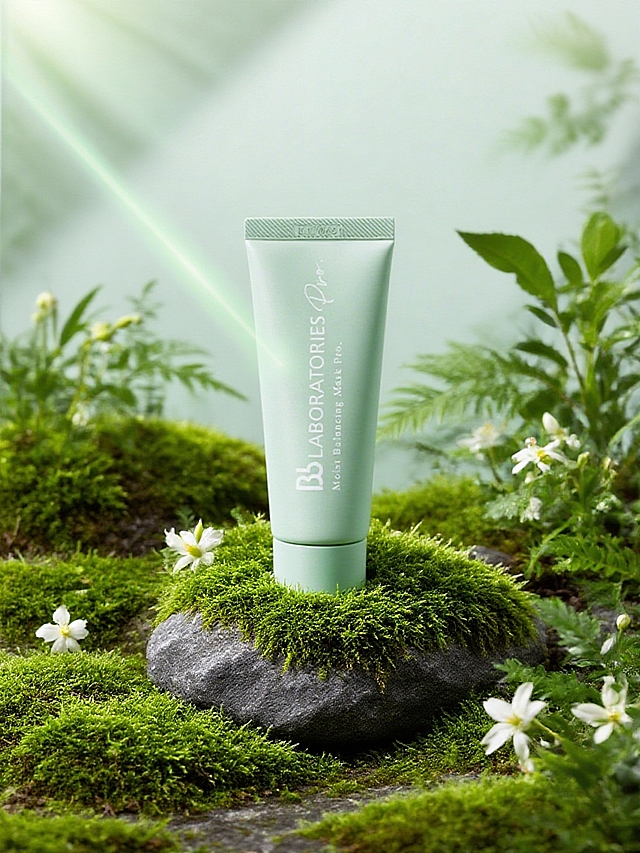清新水彩风，现代简约设计，苾莱宝复活草面膜置于苔藓之上，营造舒适自然感。
