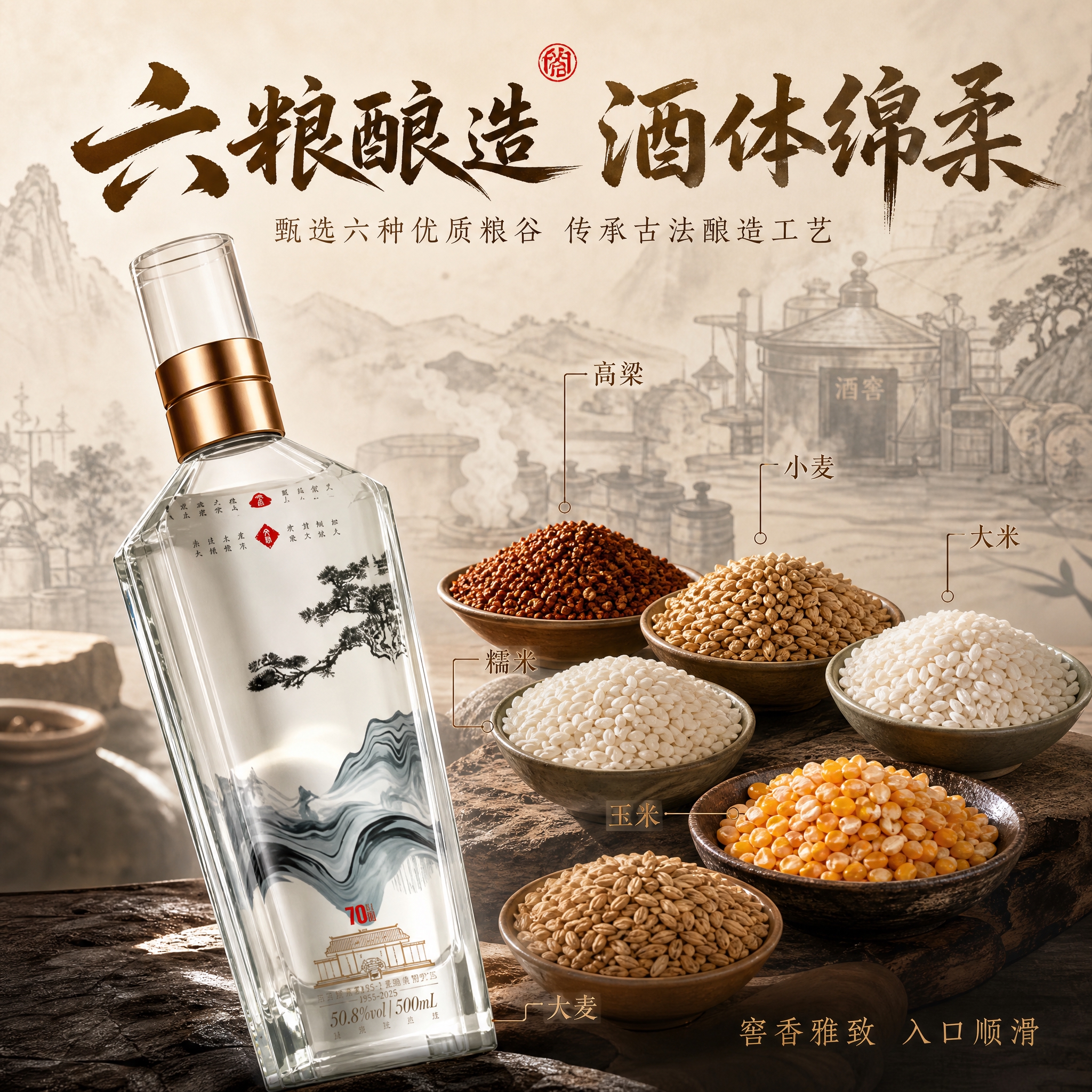 [主图-2] 主题：六粮酿造工艺溯源，展示原料与传统酿造工艺，… - 图片创意预览