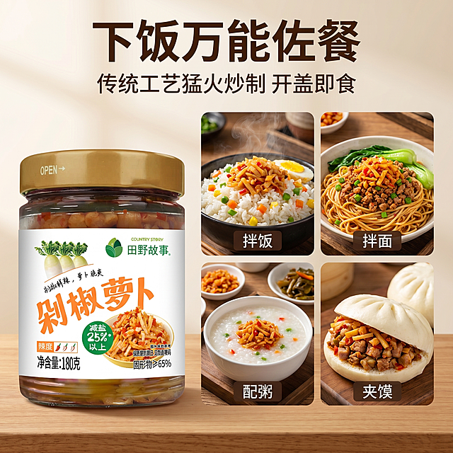[主图-4] 万能佐餐多场景展示。
[氛围风格] 生活美食氛围，真实诱人食欲
[画质] 商业摄影质感，光线柔和通透，产品清晰真实，画面干净高级
[元素] 玻璃罐装剁椒萝卜放置在画面左侧，保持产品外观与原输入图绝对一致，无变形色差。右侧采用四格小拼图，分别展示四种吃法：拌饭、拌面、配粥、夹馍，每个小格子里食物真实诱人，剁椒萝卜清晰铺在表面，突出使用场景丰富。整体排列整齐，每个小格子都有名称标注，背景用原木餐桌，温暖自然。商品整体占比约70%，画面满屏无边框。
[光影] 暖调自然光，每个小场景光影统一，整体明亮温馨，食物色泽诱人。
[配色] 主色调原木暖棕+米白，食物色彩自然丰富，整体和谐温馨。
[视角构图] 左产品右拼图版式，分层清晰，信息直观。
[文字版式] 顶部大字主文案"下饭万能佐餐"，深棕色粗体。每个小场景角落标注对应吃法名称：拌饭/拌面/配粥/夹馍，白色小字带半透明深色底，清晰可读。主文案下方小字"传统工艺猛火炒制 开盖即食"，深棕色小号字体。所有文字不遮挡产品主体。
[比例分辨率] 1:1比例，2k分辨率，文字清晰锐利，画面超高清。
[负向提示词] 变形，水印，文字错乱，产品图模糊，背景杂乱