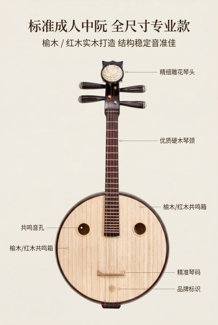 严格还原上传中阮产品图的所有细节：包装设计、颜色、LOGO位置、文字内容、图案元素，保持产品尺寸比例1:1（标准成人中阮，琴身圆形直径约40cm，总长度约90-100cm）。2:3竖版电商详情页，页面预览效果