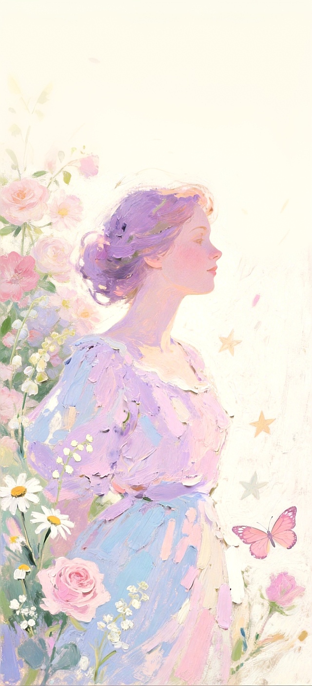 梦幻唯美的插画风少女侧影，厚涂笔触勾勒出浪漫优雅的轮廓，粉紫花丛与蝴蝶点缀其间，油画质感中透出清新柔和的春日气息。