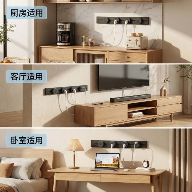 基于原图产品特征，展示多场景适配效果，主题为多空间百搭适用。延续舒适简约家居治愈风格，暖调自然光，采用上下三宫格拼图布局，从上到下依次展示：插座安装在厨房餐边柜、客厅电视柜旁、卧室书桌边三个场景，每个预览效果