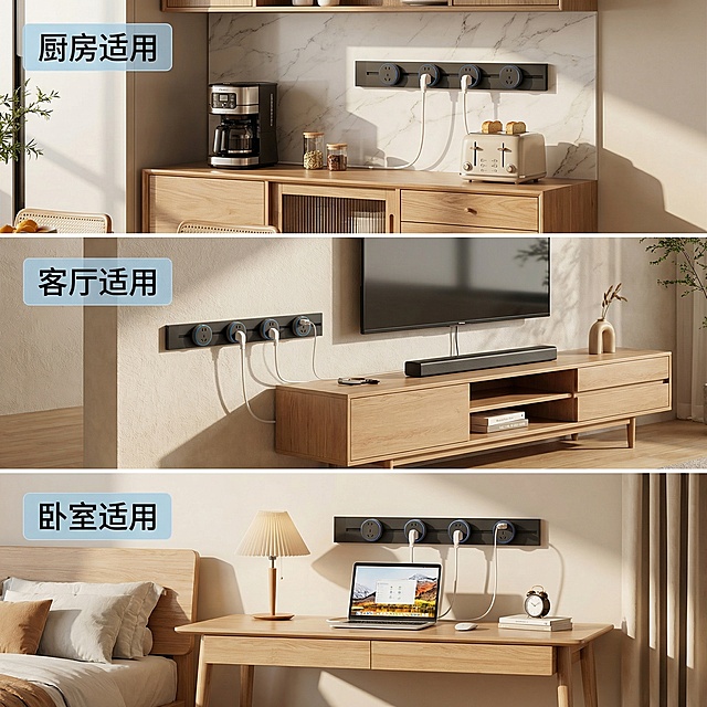 基于原图产品特征，展示多场景适配效果，主题为多空间百搭适用。延续舒适简约家居治愈风格，暖调自然光，采用上下三宫格拼图布局，从上到下依次展示：插座安装在厨房餐边柜、客厅电视柜旁、卧室书桌边三个场景，每个场景都保持整体风格统一，产品外观和原图一致。每个场景图左上角标注场景名称：「厨房适用」「客厅适用」「卧室适用」，文字添加浅蓝半透明底框，整体画面干净协调，2k分辨率