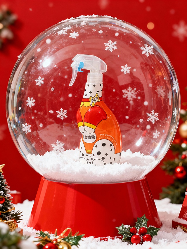 将产品放置于巨大的水晶球中置于中央，突出产品主体，球内有白色雪花飘落，底部积雪，底座为亮红色圆锥形，前面放置圣诞装饰，背景为圣诞风红色。