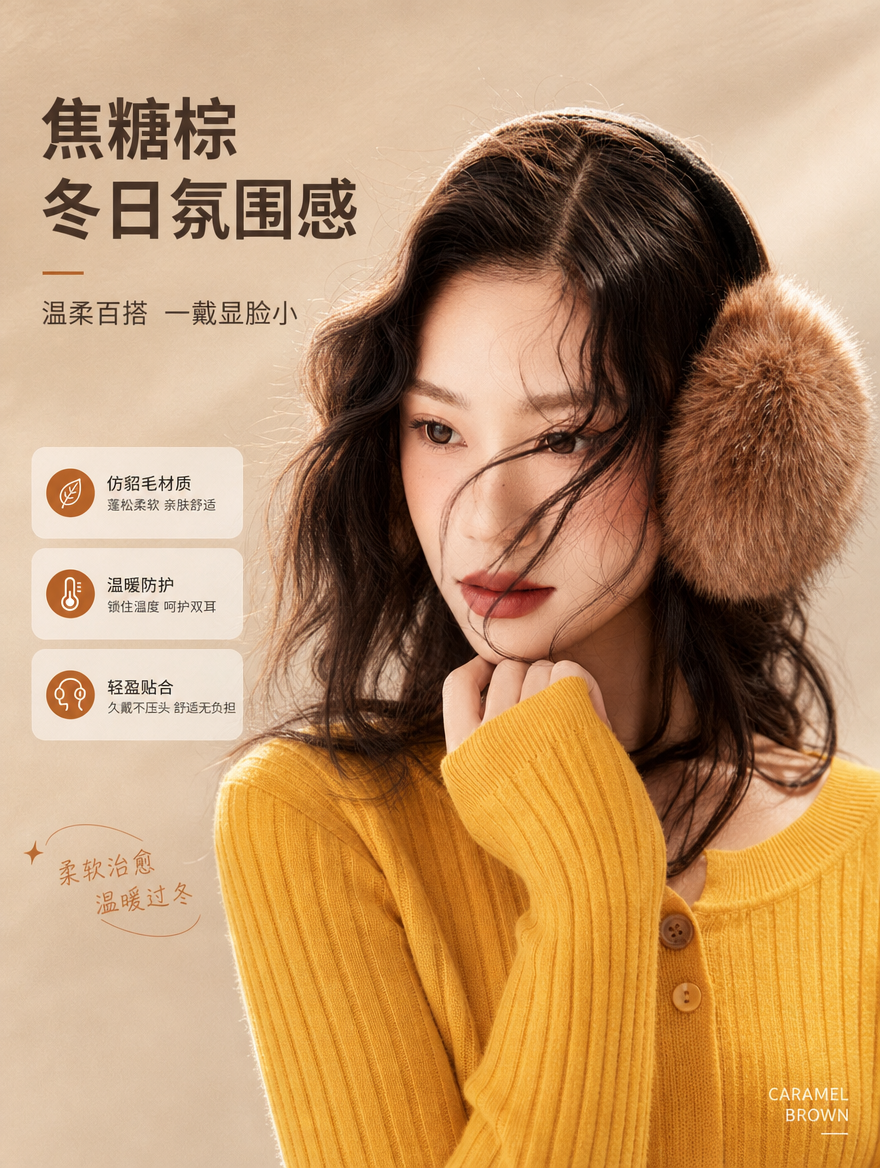 [商品] 使用【图4】焦糖棕仿貂毛耳罩佩戴效果；商品处理：保留… - 图片创意预览