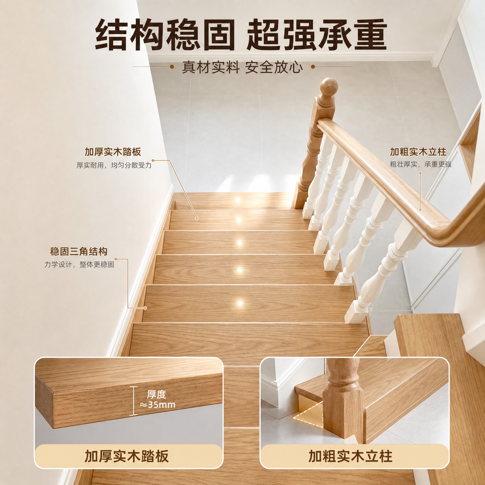 [主图-2] 实木楼梯结构稳固与承重性能展示，突出结构扎实、承… - 图片创意预览
