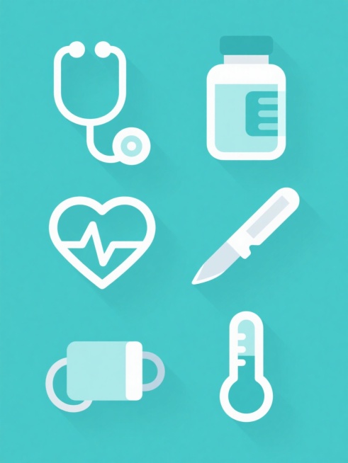 一组6个完全不同医疗健康类目的图标集合，采用简约扁平风格，每个图标拥有清晰的线条轮廓、简洁的色块填充和轻微的渐变阴影效果，整体画面为清新的蓝绿色调，所有图标规整地排布在纯色背景上，类目分别为听诊器、药瓶、心电图、手术刀、温度计、血压计，设计注重视觉层级与信息传达效率，符合医疗健康领域专业、清晰的视觉传达需求。预览效果