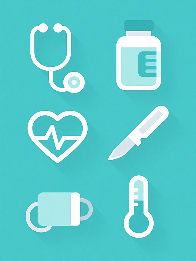 一组6个完全不同医疗健康类目的图标集合，采用简约扁平风格，每个图标拥有清晰的线条轮廓、简洁的色块填充和轻微的渐变阴影效果，整体画面为清新的蓝绿色调，所有图标规整地排布在纯色背景上，类目分别为听诊器、药瓶、心电图、手术刀、温度计、血压计，设计注重视觉层级与信息传达效率，符合医疗健康领域专业、清晰的视觉传达需求。