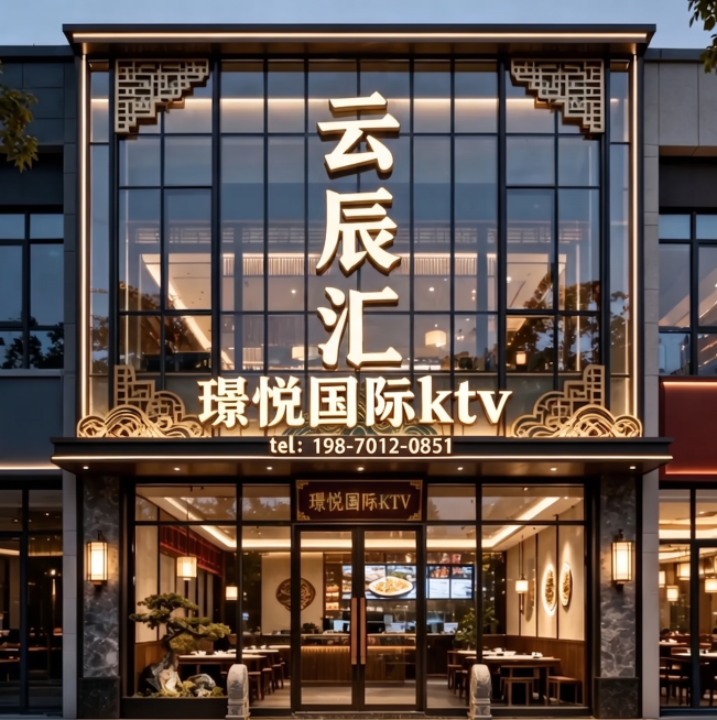 将招牌文字改为'云辰汇 璟悦国际ktv'，联系电话改为'tel: 198-7012-0851'，保持图片其他内容和新中式风格不变预览效果