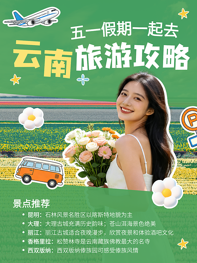 绿色卡通趣味五一劳动节云南旅游攻略小红书封面