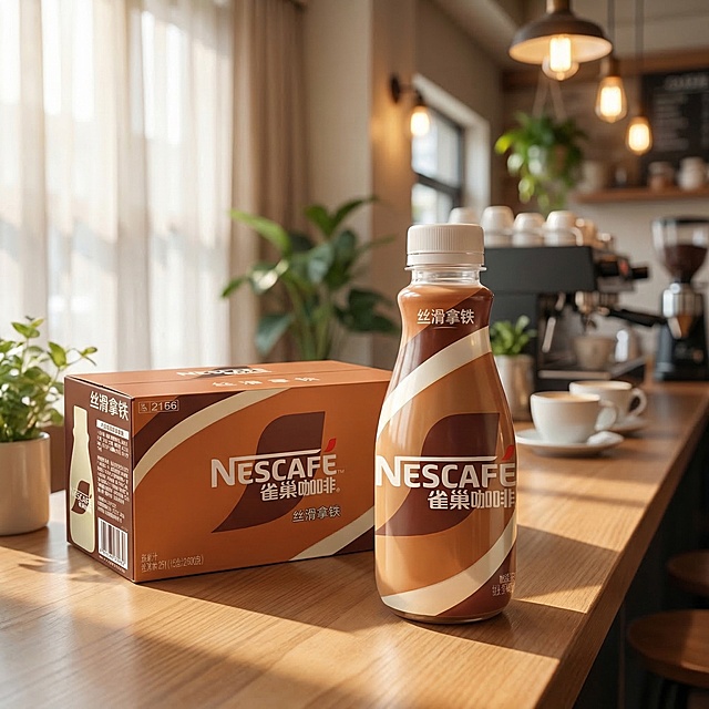 将雀巢丝滑拿铁饮料瓶和整箱产品自然融入咖啡厅吧台背景。严格保持产品原始造型、比例、结构外观细节不变，保留真实材质质感，保留原始文字信息和"NESCAFE" "雀巢咖啡" "丝滑拿铁"Logo原样。产品允许受场景环境光自然影响，实现与场景的光影、透视、色彩氛围感完全融合，确保产品边缘清晰一致，无伪影，产品投影符合场景光源设计逻辑。采用商业高调摄影，柔和漫射透光窗帘光影，前中后景层次，三分法视觉重心，添加自然光斑营造氛围感。风格为时尚画报氛围种草，暖调奶咖色系，保持产品结构刚体不变，瓶身通透有饮料光泽。