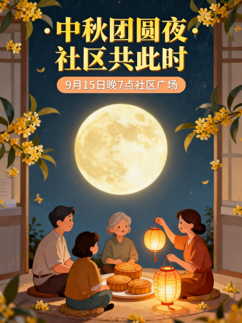 一张充满烟火气的中秋节社区宣传海报，画面中央是一轮明亮的圆月，下方有社区居民一起赏月、吃月饼、提灯笼的温馨场景，加入桂花和传统灯笼等中秋元素，整体色彩柔和温暖，治愈风格，适合张贴在社区公告栏预览效果