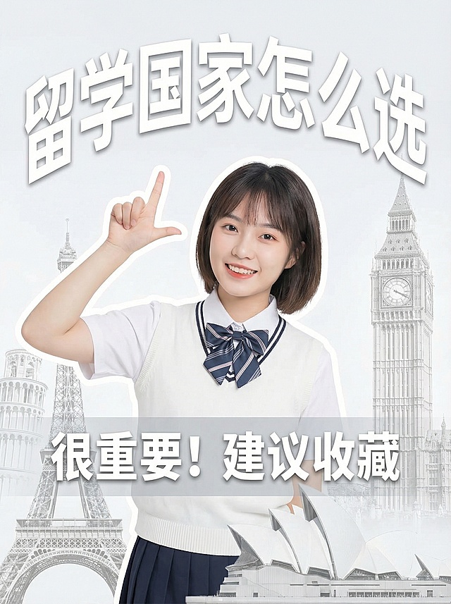 变形字体，大标题“留学国家怎么选”，小标题“很重要!建议收藏”，一位年轻的亚洲年轻漂亮可爱女生，短发，穿着校服，开心，单手抬起比出手势“1”，背景由几张著名的外国建筑组成。整体画面白色为主