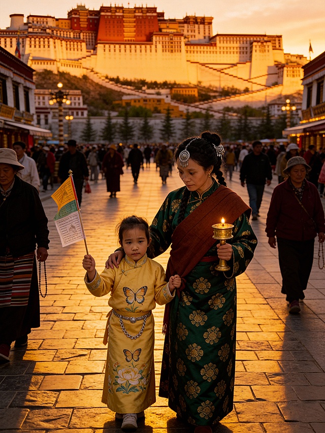 黄昏光影中，母女身着刺绣华服，手持经幡与酥油灯，行于布达拉宫前，民族感与神圣感交融，中式古典美学尽显优雅与厚重。