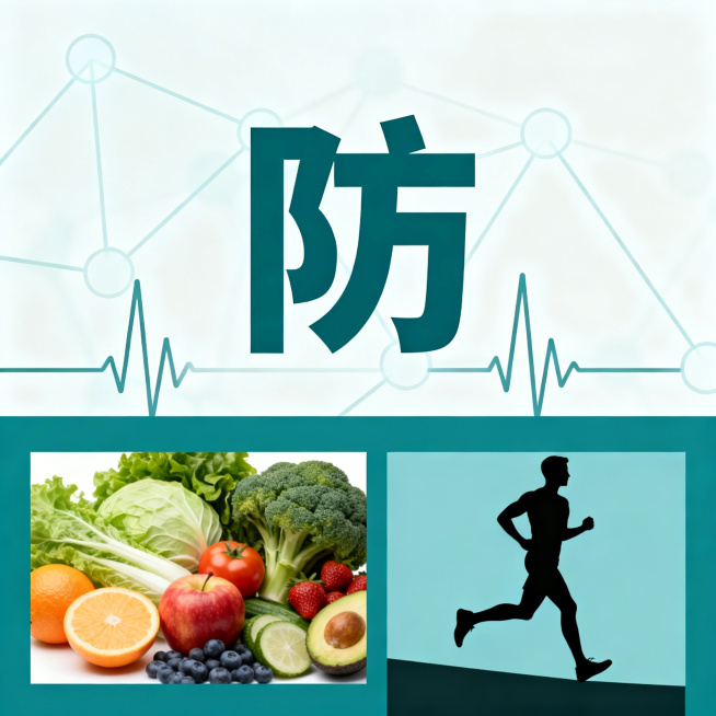 高级极简医疗设计风格，糖尿病预防主题，现代极简构图，低饱和度蓝绿色调，展示健康生活方式，大字主标题“防”，高端医疗科普宣传图，质感高级简约干净预览效果