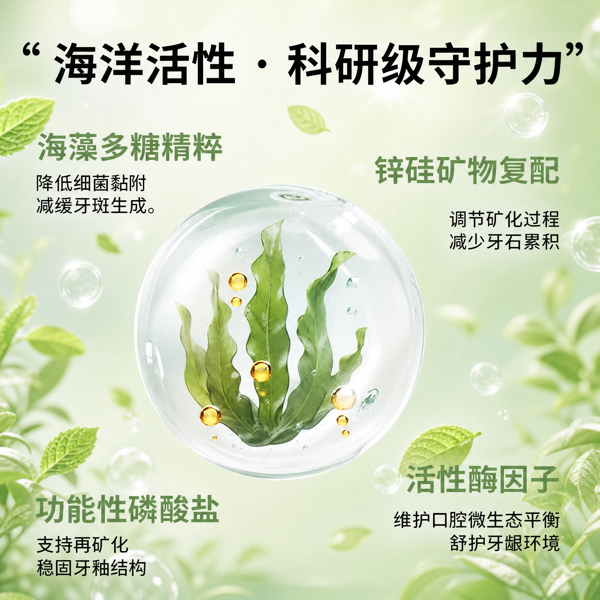 将这张海洋活性成分图的背景颜色改为清新的浅绿色自然风格，与之前… - 图片创意预览