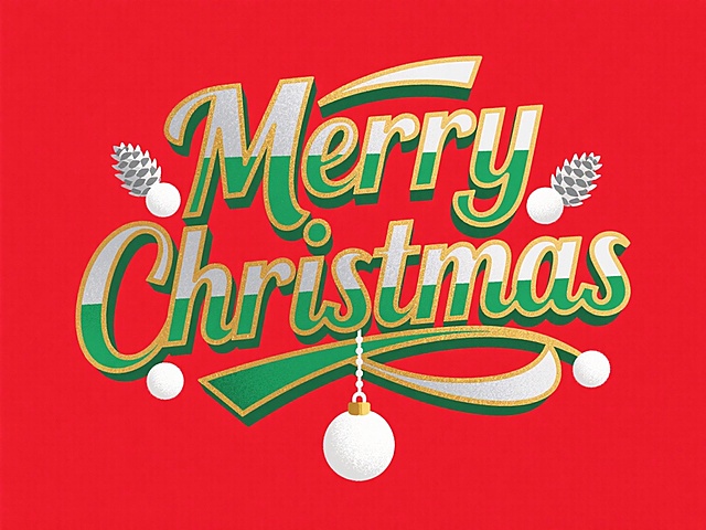 金箔描边、绿银渐变艺术字 “Merry Christmas”，带浮雕立体感，缀银霜松果与白绒球，下方悬圣诞球，纯酒红背景