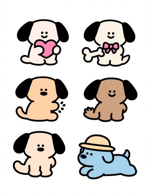 白色背景上排列整齐的六个不同配色、不同样式的卡通小狗素材，每个小狗都采用简约可爱的手绘风格，线条圆润流畅，仅有黑色轮廓线和填充色，表情呆萌，包含抱着粉色爱心、戴着蝴蝶结、伸出爪子、叼着骨头、戴着帽子、趴着等不同姿势和样式，色彩明快柔和，整体保持统一的简约卡通风格和视觉协调性。预览效果