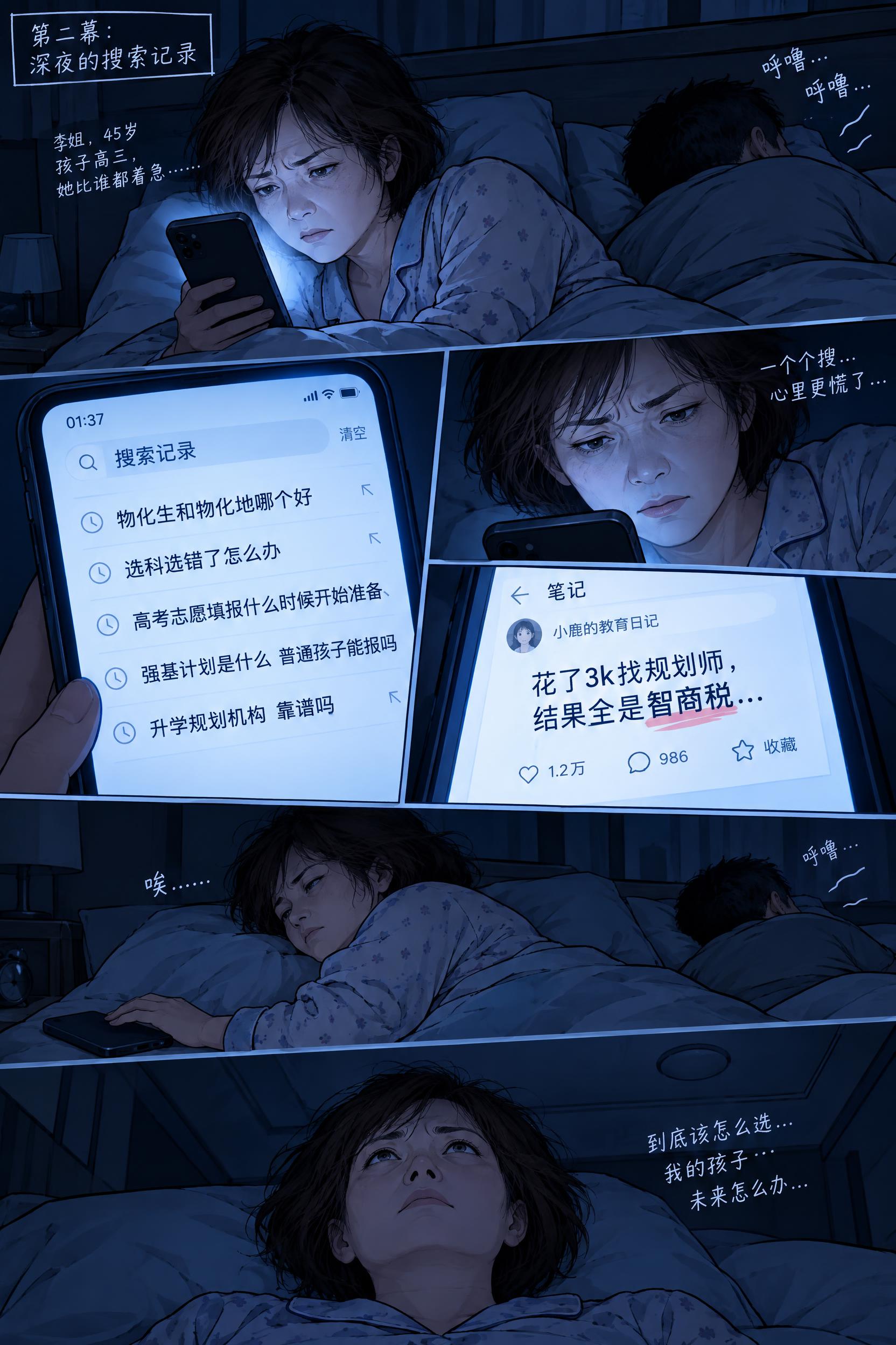 都市漫画风格，第二幕：深夜的搜索记录。深夜卧室场景，昏暗的房间… - 图片创意预览