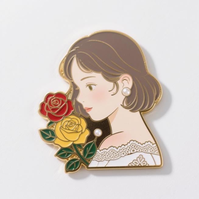 金边珐琅金属冰箱贴，欧美风，带珍珠耳钉的少女，珍珠，红黄玫瑰、蕾丝，体现少女纯真的面容，低饱和配色。预览效果