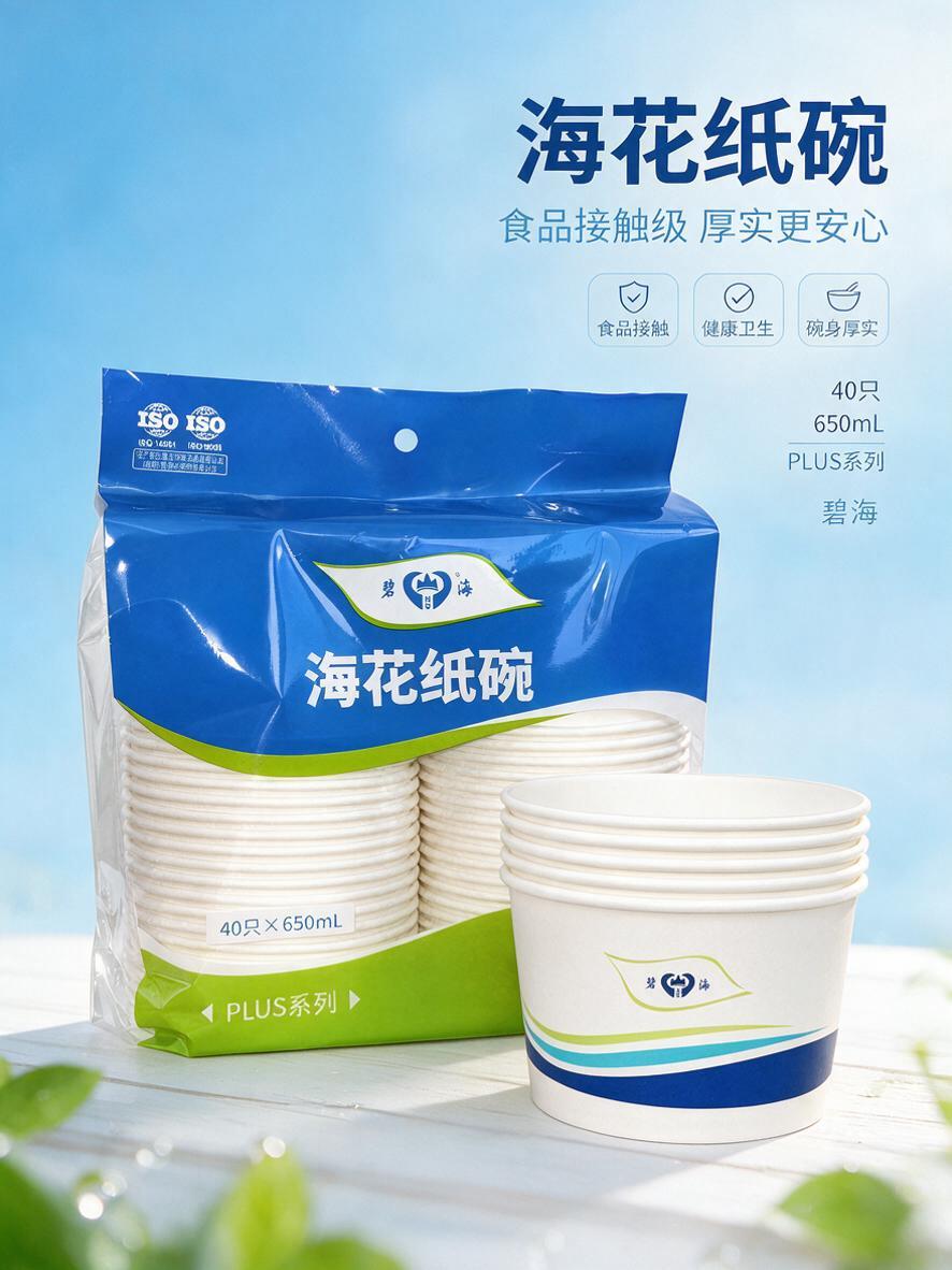 基于上传的海花纸碗商品图，生成一张蓝色调明亮小清新风格的餐厨日… - 图片创意预览