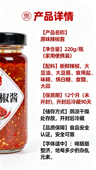 白色干净背景，左侧摆1瓶未开封的原味辣椒酱，正面特写，清晰可见瓶身标签，右侧留白用于排版文案。文案排版：顶部居中"📌 产品详情"加粗，红色，字体较大；下方左对齐分6行，每行开头【】内文字加粗红色"【预览效果