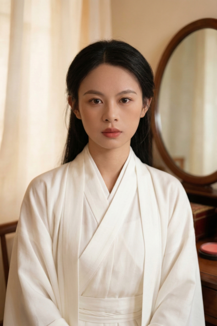 生成该人物的正面特写镜头，保持人物五官不变，保留白色古风服饰，背景和原图风格一致预览效果