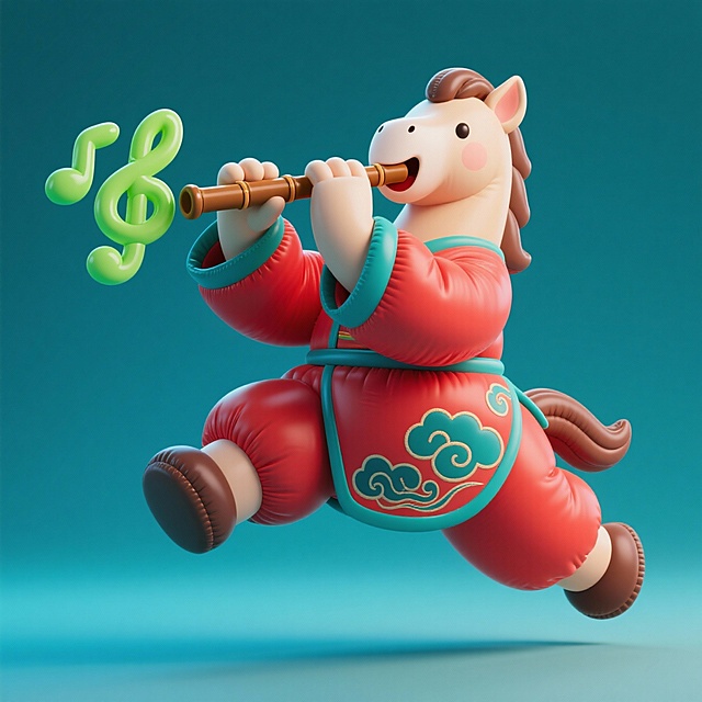 软3D风格的拟人化小马，身着中式红袍，吹奏竹笛，飘出绿色音符，充满可爱与喜庆感，卡通造型萌趣十足。