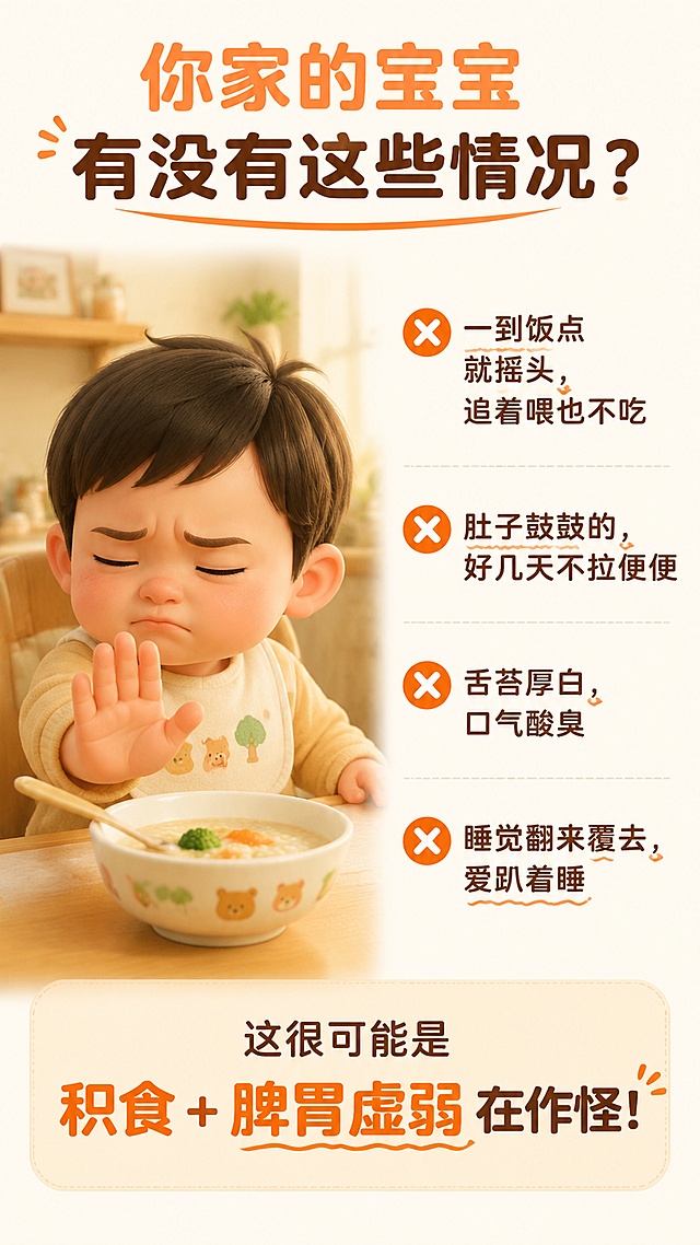 [第2屏] 详情页痛点共鸣区，山楂六物棒棒糖。本屏使用产品实拍素材，左图右文布局。
[氛围/风格] 温馨写实风格，暖调亲子氛围，情感共鸣感强。
[元素布局] 左侧展示宝宝推开饭碗、皱着眉头不想吃饭的可爱卡通场景图，占比约45%；右侧文案区，整体布局舒朗不拥挤。
[光影质感] 柔和均匀暖光，画面通透，文字区域清晰易读。
[配色色系] 全局底色 #FFF9F0，主色暖橙色，文字深棕色，保留风格一致性。
[视角构图] 左右分栏构图，阅读动线从上到下，左图右文。
[文字版式] 顶部大标题「你家的宝宝有没有这些情况？」，下方列举痛点：
❌ 一到饭点就摇头，追着喂也不吃
❌ 肚子鼓鼓的，好几天不拉便便
❌ 舌苔厚白，口气酸臭
❌ 睡觉翻来覆去，爱趴着睡
底部总结文案「这很可能是 积食 + 脾胃虚弱 在作怪！」，字体圆润，深色文字清晰可读。
[比例分辨率] 9:16竖版比例，4K分辨率，文字清晰可辨，高清画质。
[负向提示词] 人物表情怪异，文字错乱，文字过小，水印，背景杂乱，色调偏冷