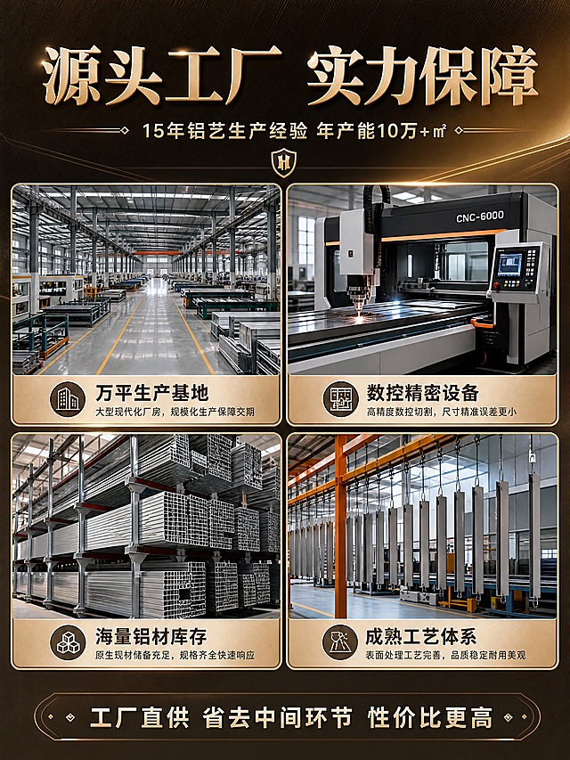 [商品] 全铝门业源头工厂，大型生产车间、数控切割设备、铝材原料堆放、焊接工艺、表面处理生产线，现代化工厂环境。
[画面] 第5张-工厂实力，信任背书型。顶部标题区，下方2×2四宫格展示工厂实力：左上=大型生产车间全景、右上=数控精密切割设备、左下=铝材原料仓库（大量铝型材）、右下=表面处理生产线。每格下方有简短说明。底部有"源头工厂直供"的强调条。
[视觉] 套系策略：风格=高端轻奢商业摄影风；标题字=粗衬线金属质感字体；正文字=简洁无衬线体；主色=深古铜金+高级灰；背景延展=基于深古铜金做深浅层级、金属渐变和细腻纹理；强调色=香槟金，仅用于小面积图标、引线和标签；标题色=深古铜金；正文色=深炭灰；组件=金属质感信息卡、细金线引线；光影=右侧暖金侧逆光+正面柔光，突出金属光泽和立体感。
[文字] 顶部主标题"源头工厂 实力保障"，副标题"15年铝艺生产经验 年产能10万+㎡"。四宫格标签：万平生产基地/数控精密设备/海量铝材库存/成熟工艺体系。底部强调条"工厂直供 省去中间环节 性价比更高"。文字横排。
[规格] 图片比例3:4竖版，4K，medium质量。避免变形、错字、文字过小、小作坊感、脏乱环境。
