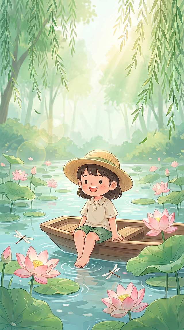 去除图片左上角的logo文字、中间的“立夏”文字、左下角的文案和右下角的二维码，保持原图的所有元素、风格、色彩和构图不变，保留小女孩坐在木船上，池塘粉色荷花荷叶，背景柳树树林，保持清新治愈青绿色调，保持画面完整干净