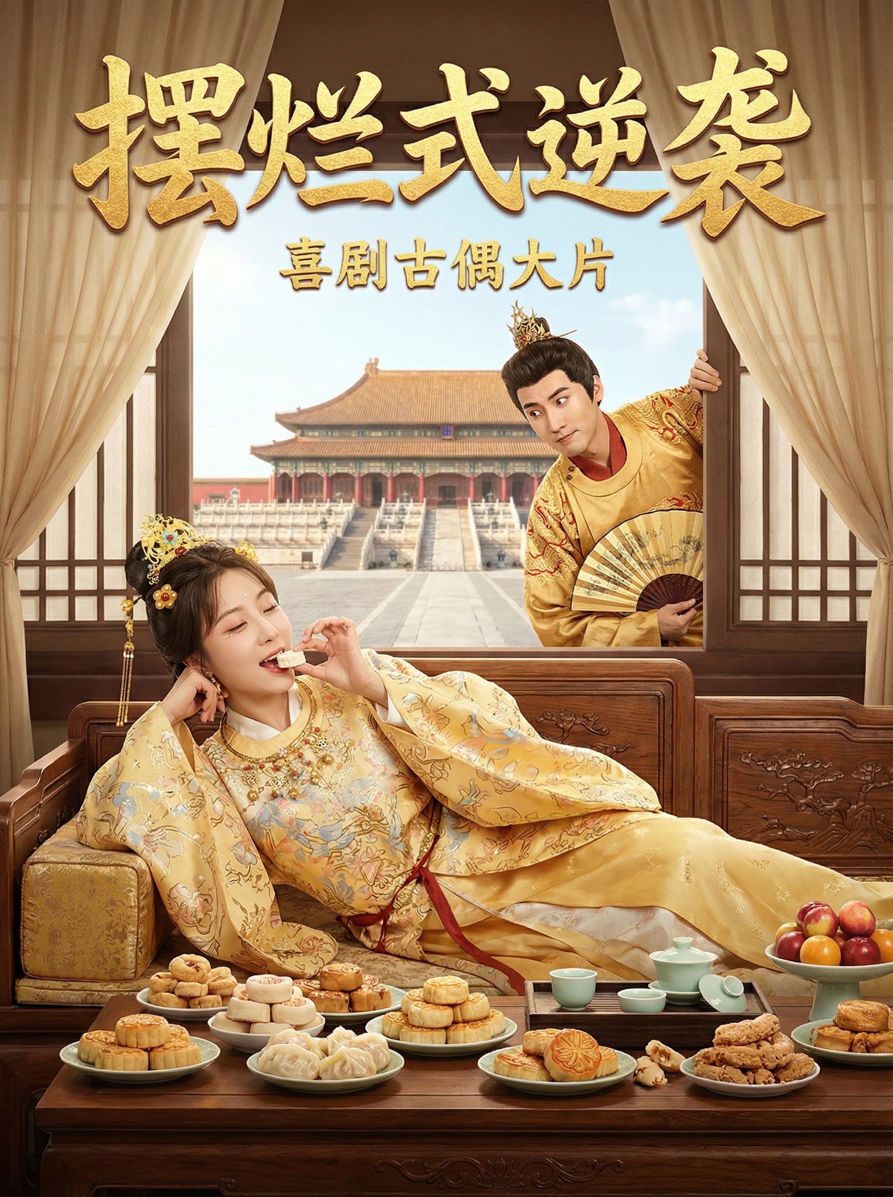 古风影视剧海报，图1女主慵懒地斜躺在床榻上，一手拿糕点送入口中… - 图片创意预览