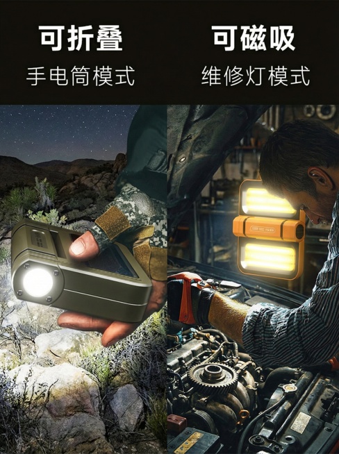 将左侧场景替换为户外荒野夜间环境，右侧场景替换为室内机械维修环境，保留原有的灯、人物手部和上方文字不变预览效果