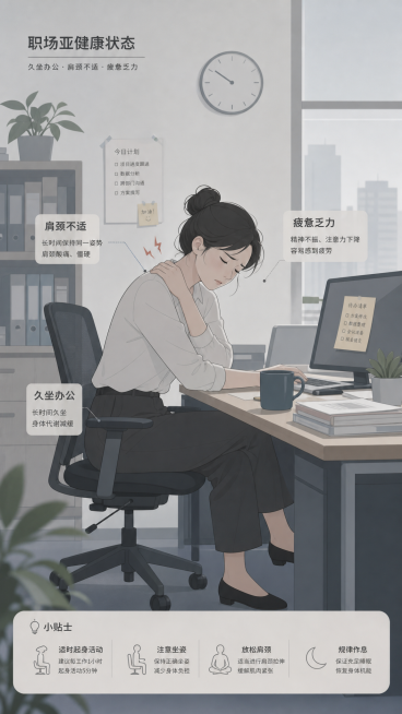 低饱和简约画风职场亚健康场景插画，展示久坐办公、肩颈不适、疲惫乏力的职场状态预览效果