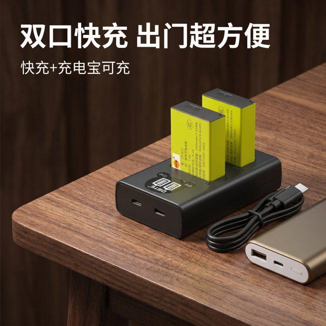[主图 3] 蒂森特LP-E17相机电池双口快充卖点主图；[氛围风格] 木质质感暗调风，色彩清新专业，偏暗质感带自然木质纹路，符合天猫电商卖货风格；[画质] 商业摄影质感，光线柔和通透，产品清晰真实，预览效果