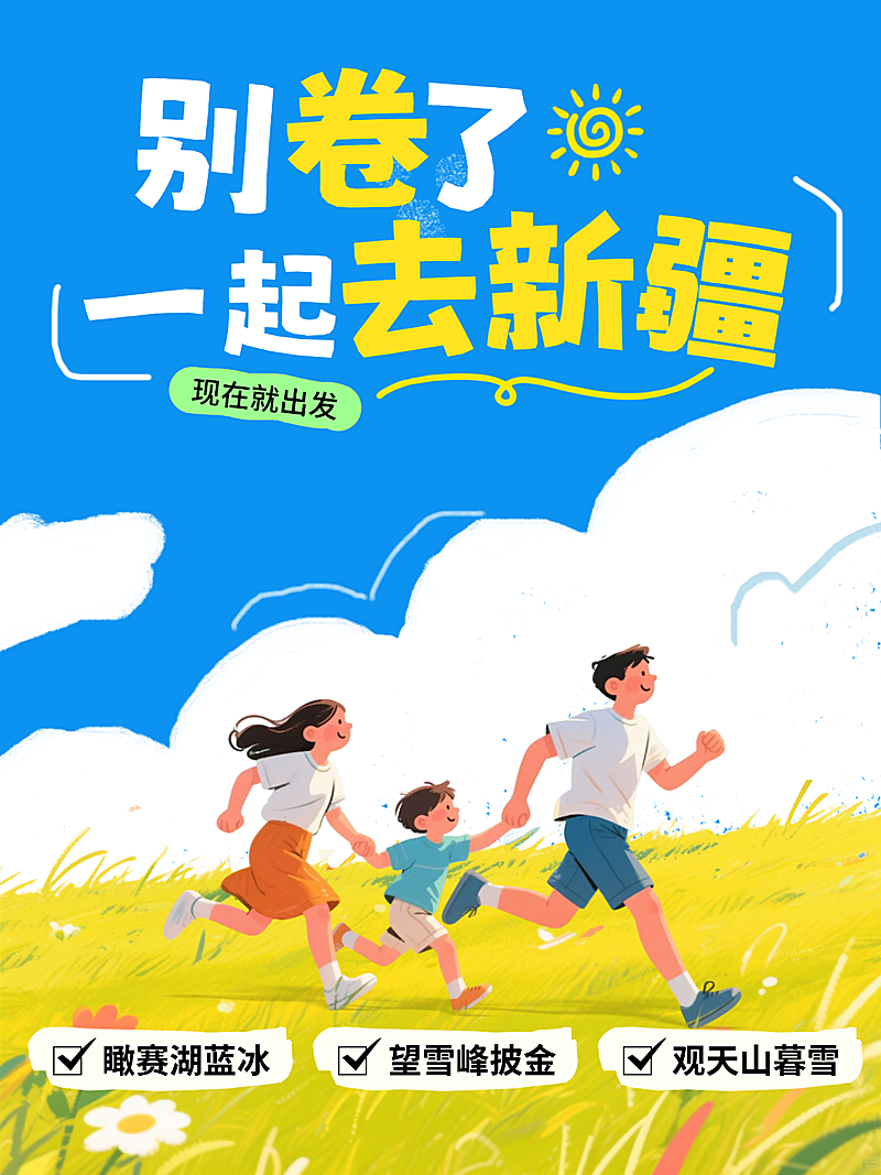 夏日旅游清新手绘风插画新疆草原旅游小红书封面图