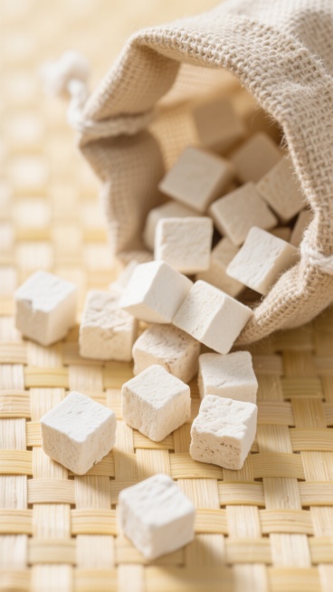 特写镜头下的白色茯苓块，部分从浅棕色粗麻布麻袋中洒落出来，散落在淡黄色竹制编织垫上。茯苓块呈不规则小立方体，表面略带粗糙质感和细微纹理，整体画面风格简约干净，光线明亮柔和，营造出自然、纯净、质朴的氛围，适合作为背景素材使用。预览效果