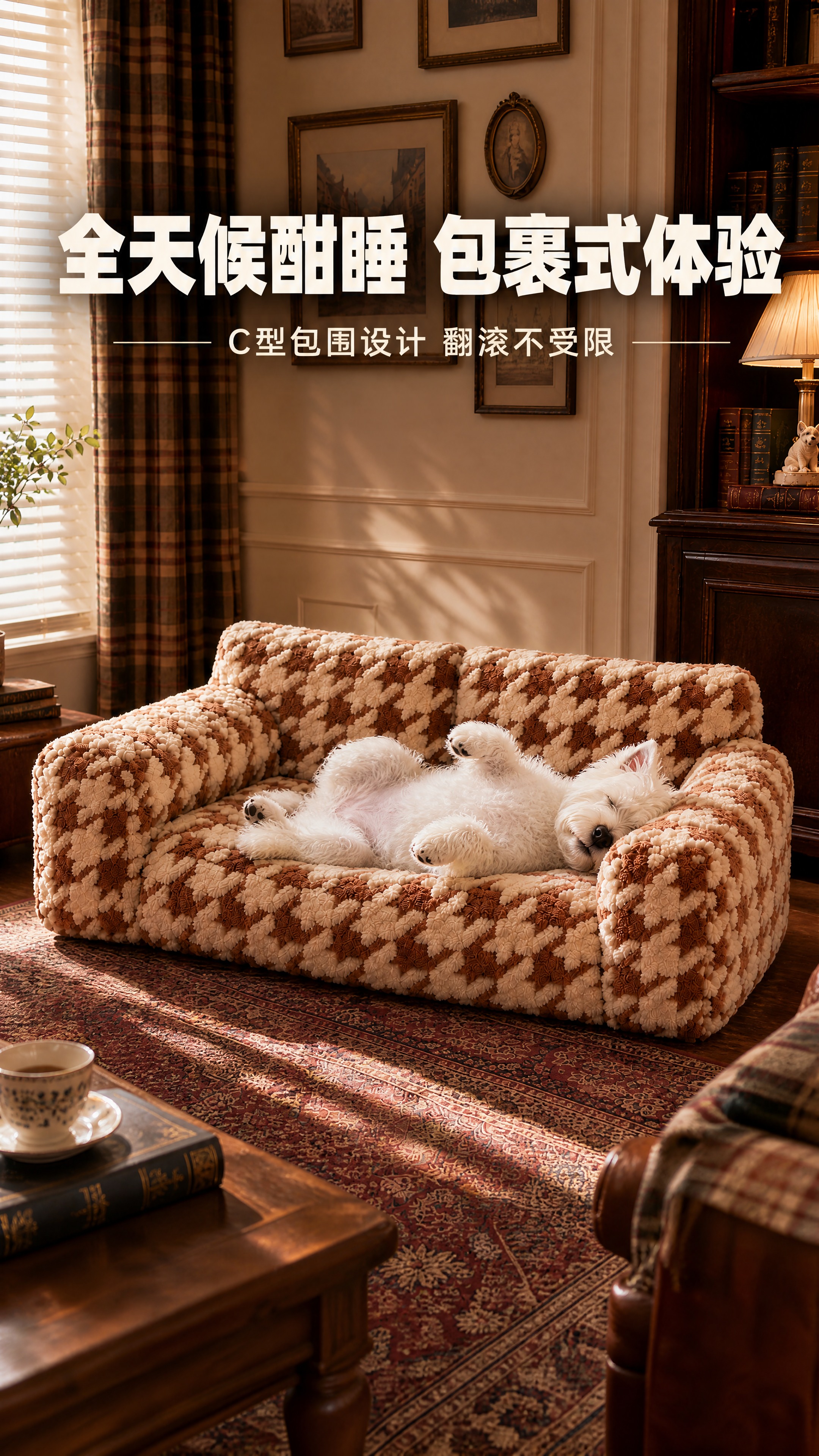 [商品] 使用【图3】焦糖棕千鸟格提花宠物沙发；保留双靠背枕、… - 图片创意预览