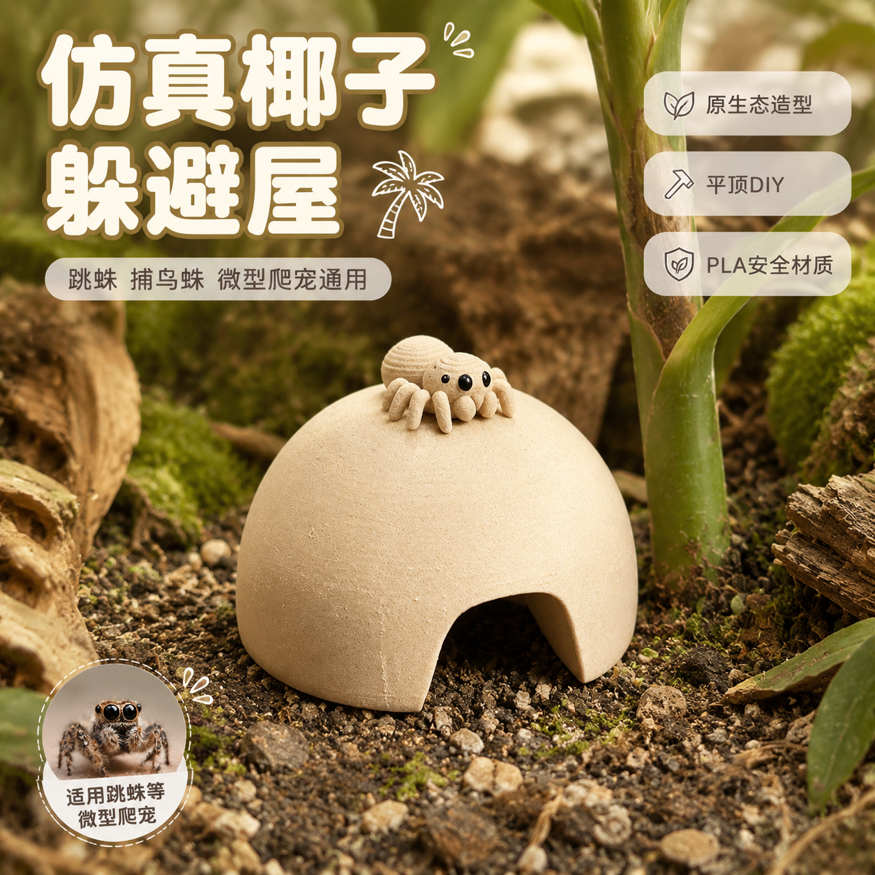 [主图-1] 首图点击率：仿真椰子蜘蛛躲避屋产品情绪首图，核心… - 图片创意预览