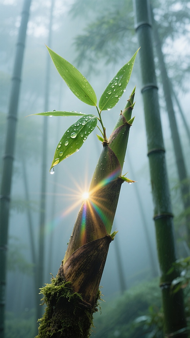 晨雾弥漫的竹林深处，一株千年古竹的苍劲竹节上，新生的翠绿竹笋正以肉眼可见的速度向上生长，露珠从舒展的竹叶尖端坠落，在晨光中折射出七彩光晕，阳光穿透薄雾形成金色光柱，照亮了竹节上细密的纹理和附着的苔藓，背景中层层叠叠的竹竿在雾气中若隐若现，形成深浅不一的墨绿层次，近景竹叶的脉络清晰可见，湿润的空气仿佛带着竹香，整体色调由近及远从鲜绿渐变为雾蓝，摄影写实风格捕捉到晨露滴落的瞬间动态。