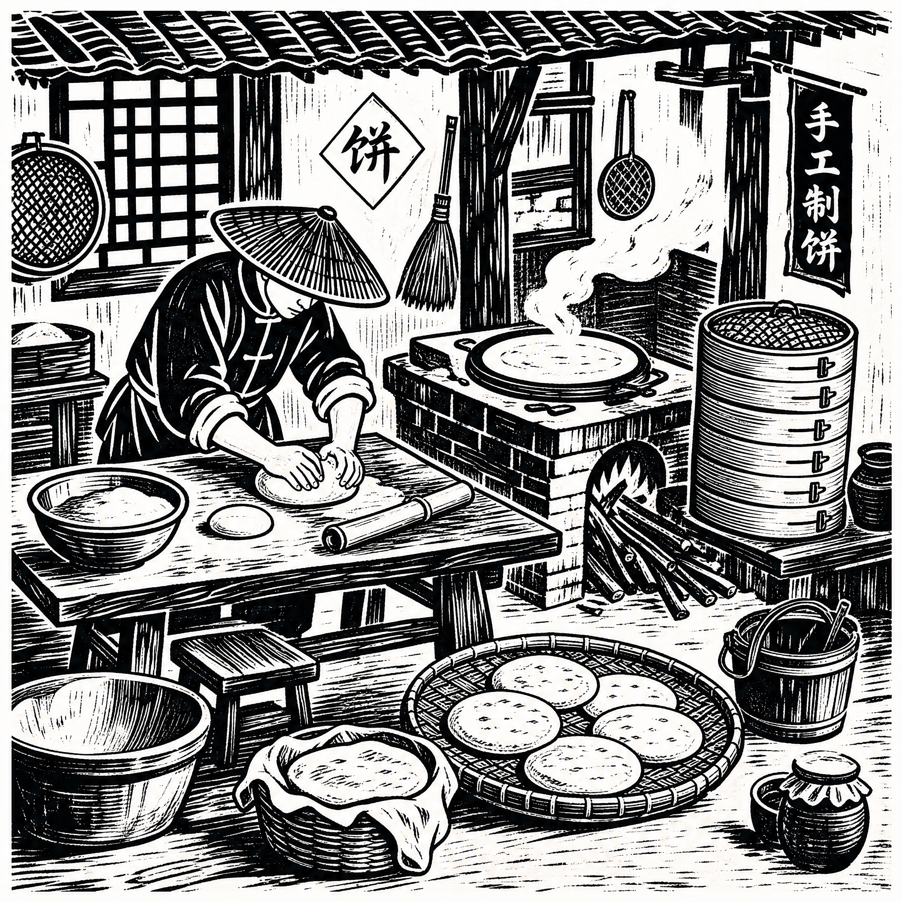 参考图中的中国传统版画风格，黑白单色木刻质感，粗线条，高对比，… - 图片创意预览
