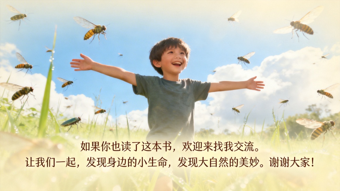 在第14页配图上添加文字：如果你也读了这本书，欢迎来找我交流。让我们一起，发现身边的小生命，发现大自然的美妙。谢谢大家！文字排版温暖治愈预览效果