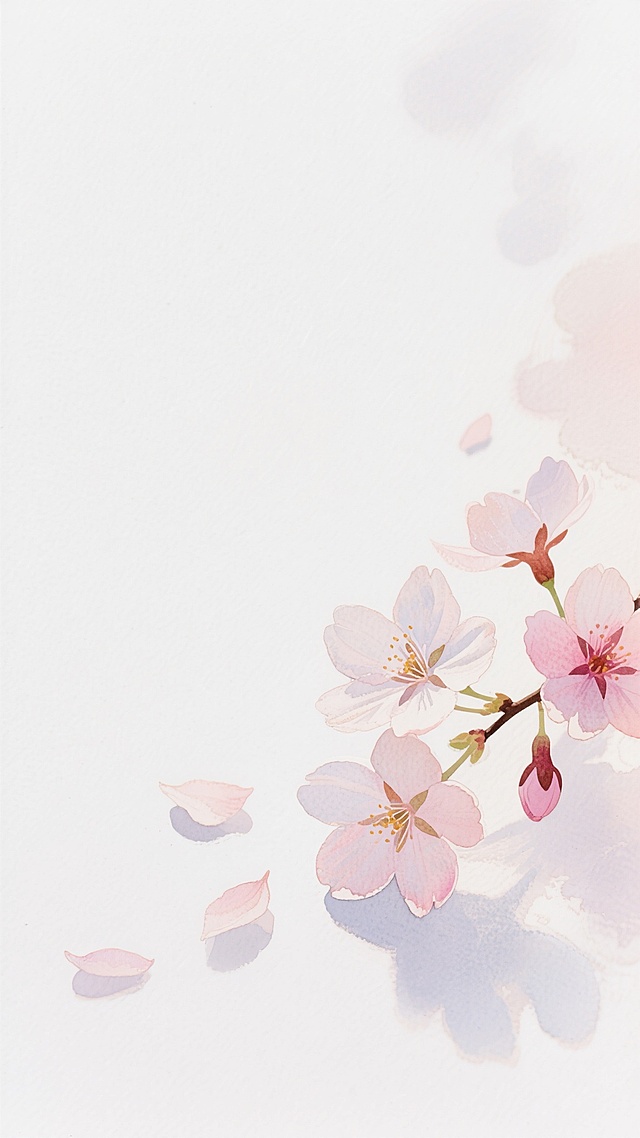 水彩风格插画，整体呈现柔和透明的晕染质感，以右下侧为视觉焦点，几朵盛开的樱花和散落的花瓣构成自然的弧形构图，花瓣边缘有细腻的水彩笔触纹理，色彩由中心向边缘自然渐变，背景为纯净的白色负空间，营造出轻盈、浪漫、清新的氛围，光影柔和，无明显阴影，仅有花瓣本身的色彩浓淡变化形成微妙层次。