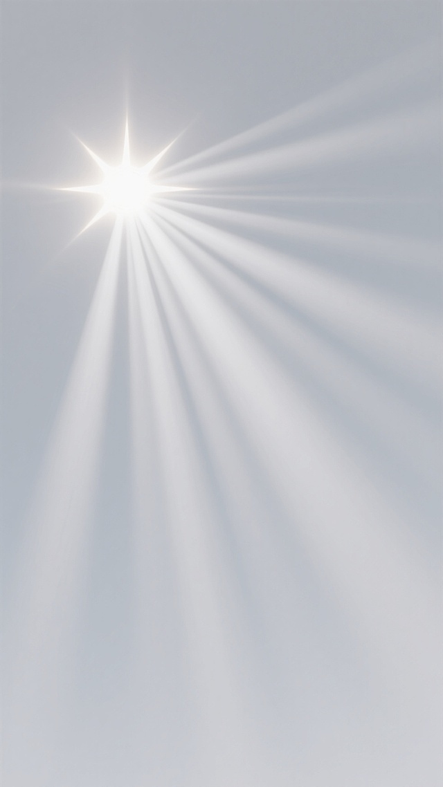 极简主义光效设计，纯净白色渐变背景，左上角发出明亮耀眼的太阳光芒，光线呈扇形放射状均匀散开，具有柔和的光束边缘和细腻的光影过渡，整体画面干净通透，无任何文字、图案或装饰元素，营造出简洁、明亮、神圣的氛围。